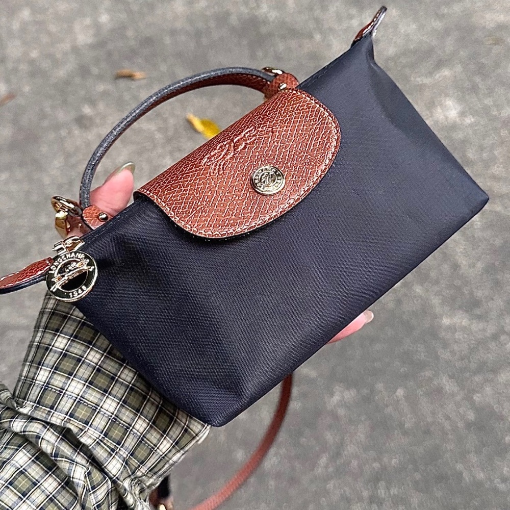 Longchamp Navy Mini Top-Handle Crossbody with Brown Leather Trim